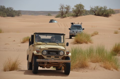 Geländewagen auf Düne im Erg Chegaga Marokko